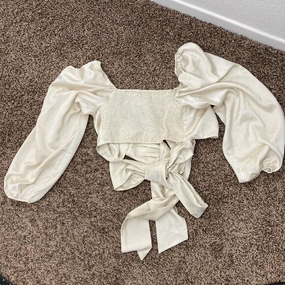 Showpo Blouse Womens US 6 Cream Satin Puff Sleeve Tie Front Smocked Crop Top - Picture 4 of 11